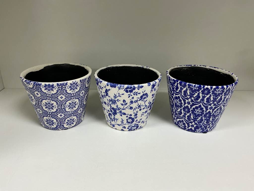TRIO VASO PLANTA AZUL E BRANCO